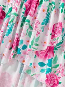 Premium Plus Size Floral Print Puff Sleeve V-Neck Dress, Elegant Vacation Mother's Day Dress, High-End Fashion Design, Suitable For Birthday Party, Holiday, Spring/Autumn, Sophisticate Look, Luxury Mom&Daughter Set - Pink - View 6