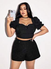 SHEIN ICON Plus Size Women's Fashionable Black Palace Style Jacquard Shorts - Black - View 4