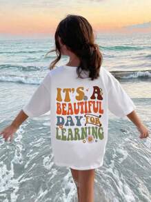 Tween 女童休闲度假渐变色字母图案宽松落肩短袖 T 恤 - 白色 - 查看 1