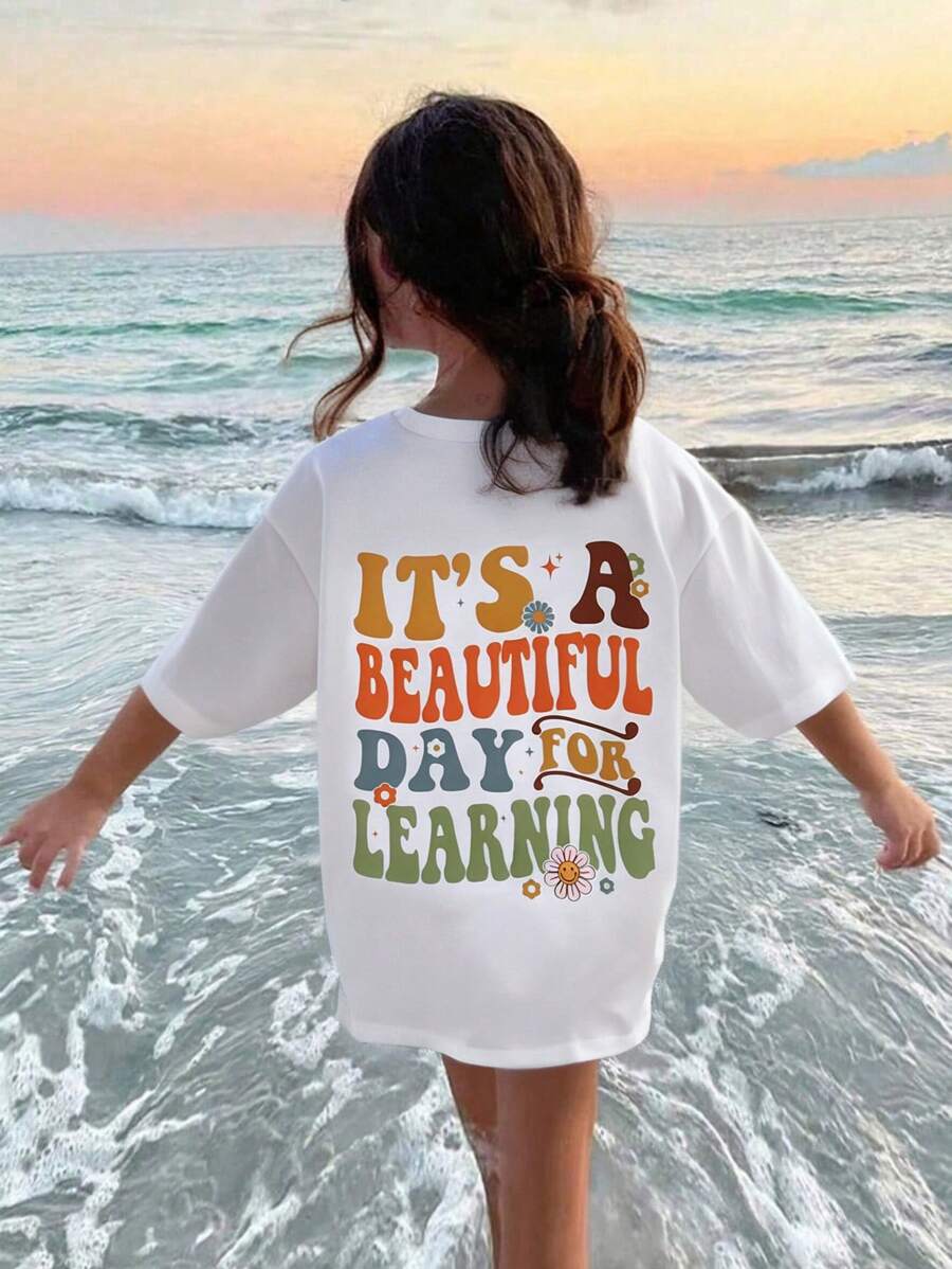 Tween 女童休闲度假渐变色字母图案宽松落肩短袖 T 恤 - 白色 - 查看 1