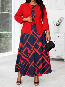 SHEIN Lady 大码拼色几何印花连衣裙和西装外套两件套，女士教师工作服，秋季