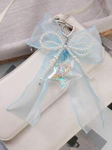 ROMWE Kawaii 1 件优雅简约手工珍珠、粉色/蓝色薄纱蝴蝶结、透明亮片心形星星钥匙扣饰品组合套装，时尚甜美包袋装饰，百搭女士礼物