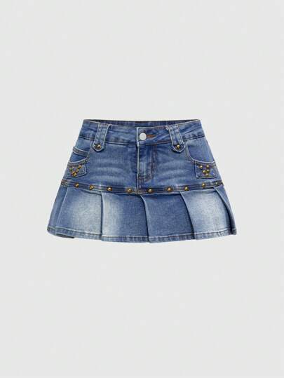 J-Fashion Vintage Rivet Decor Women Mini Denim Skirt, Millennium Style
