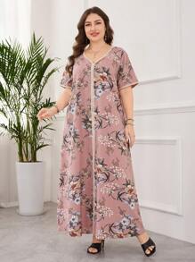 Lacomfia 休闲花卉印花荷叶边短袖宽松连衣裙，常规款式，大码，春夏 - 彩色 - 查看 4