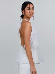 Athîral Women's Casual Solid Color Pleated Backless Halter Neck Cotton Top, Summer