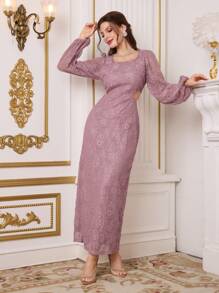 Modelyn Women's Floral Lace Lantern Sleeve Square Neck Elegant Dress
