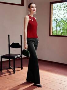 MOTF PREMIUM FAUX PEARL BUTTON JACQUARD TANK TOP - Red - View 6