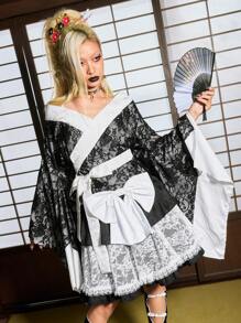 ROMWE J-Fashion 女士时尚和服风格撞色蕾丝拼布长袖衬衫 - 黑色 - 查看 6