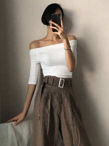 DAZY Áo thun tay ngắn màu trơn hở vai cho nữ, Xuân/Hè - trắng - Xem 3