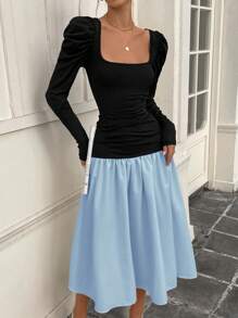 Chiquease Women's French Retro Party Dating Vacation Square Neck Elegant Color Matching Black And White Splicing Long Sleeve Leg Of Mutton Sleeve Casual Knitted High Elastic A-Hem Long Dress Maxi Women Outfit Fall Cloth For Women - Multicolor - View 6