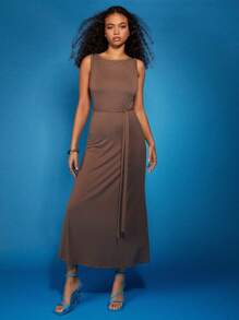 COSMINA Vestido de punto básico minimalista de mujer en color caqui con cinturón, para primavera - Caqui - Ver 5