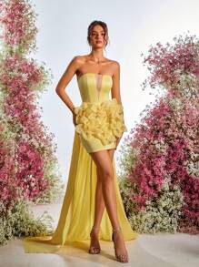 SHEIN Belle Elegant, Romantic, Sexy, Yellow, Satin, Strapless Tube Three-Dimensional Floral Dress, Back Strap Adjustment, Back Drop, Tail Wedding Guest Dress, Vacation, Wedding Event, Graduation, Date, Birthday, Prom, Cocktail Dress, Party Dress,Graduation,Graduation Dresses For Women,Back To School Dress