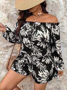 Breezaya Plus Size Women Tropical Floral Print Off-Shoulder Lantern Sleeve Top And Shorts 2pcs Set - Multicolor - View 4