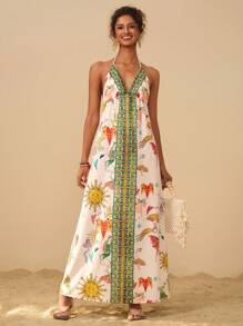 Travachic 女士度假休闲全印花 V 领露背系带飘逸连衣裙 - 彩色 - 查看 3