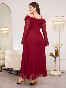 Modelyn Women Plus Size Off Shoulder Long Sleeve Flare Ruffled Mesh Elegant A-Line Dress - Red - View 2
