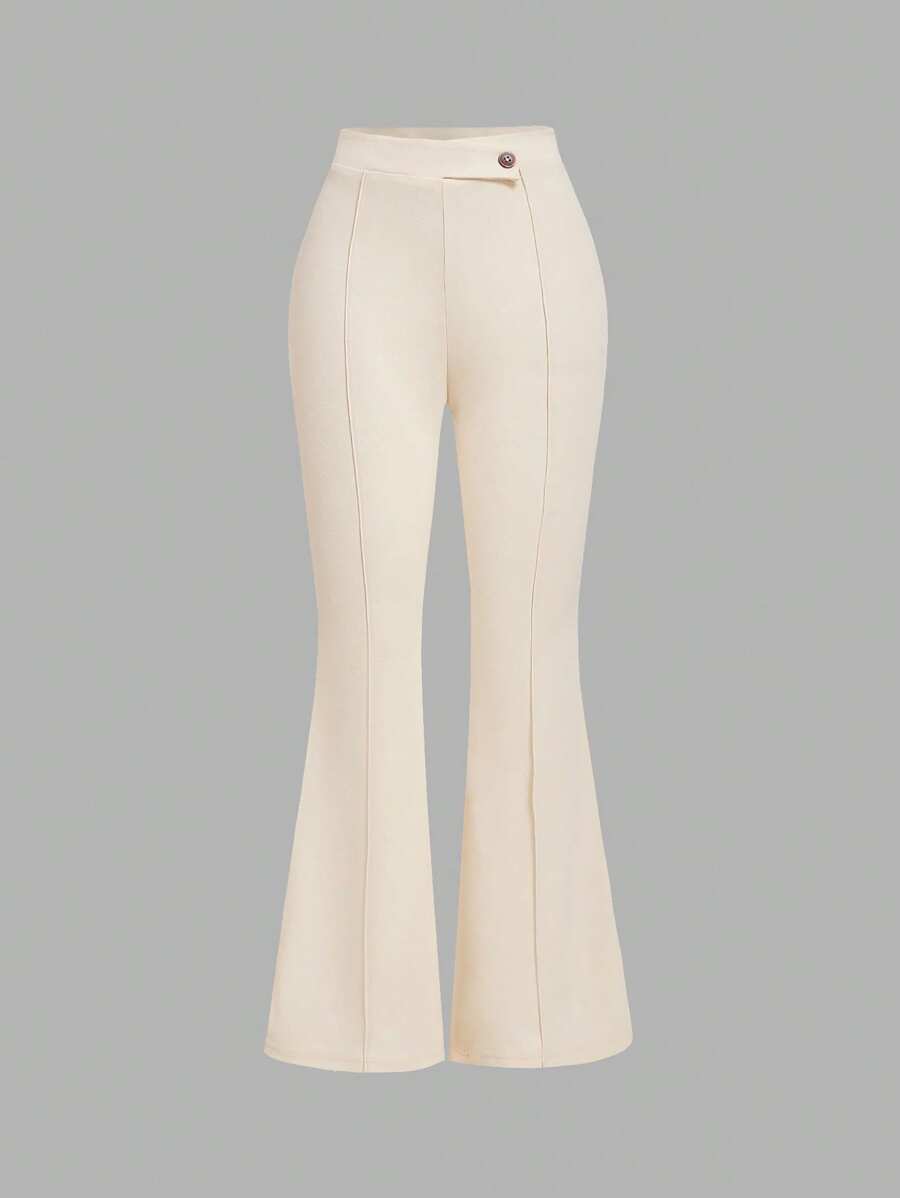 SHEIN MOD High Waist Flare Leg Apricot Toothpick Pleats Pants - Apricot - View 1