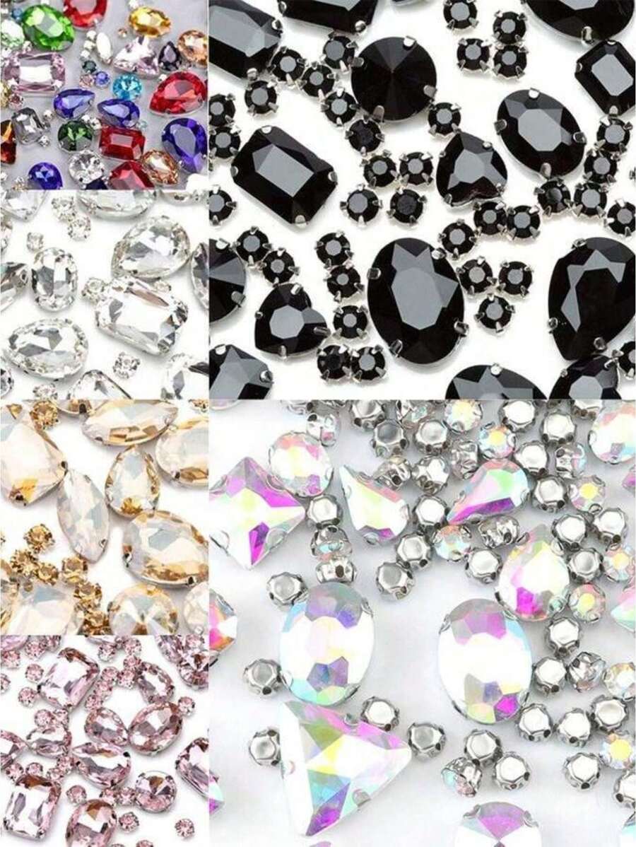 1 Pack Of 130pcs Mixed Shape Sewing Glass Rhinestones With Metal Claws, Suitable For Jewelry, Clothes, Garments, Shoes, Dresses, Apparels (Silver Base)