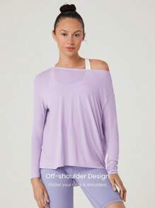 GLOWMODE SoftSerene Reset Restore Off-Shoulder Long Sleeve Tee With Thumbhole Daily Lounge - Purple - View 3