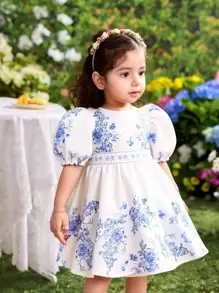 SHEIN Cute & Elegant Floral Satin Short Sleeve Dress For Babygirl, Summer - White - View 1