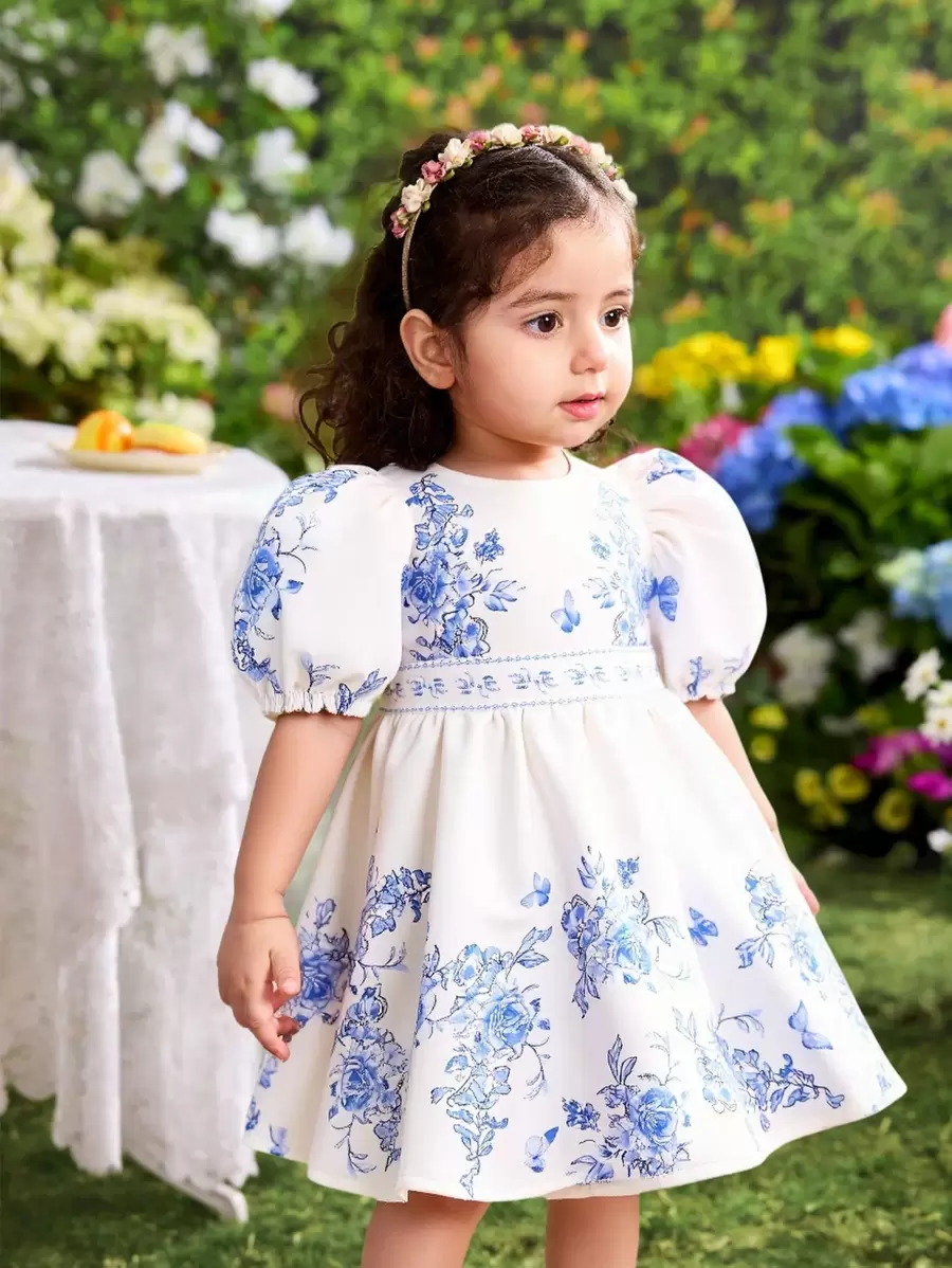 SHEIN Cute & Elegant Floral Satin Short Sleeve Dress For Babygirl, Summer - White - View 1