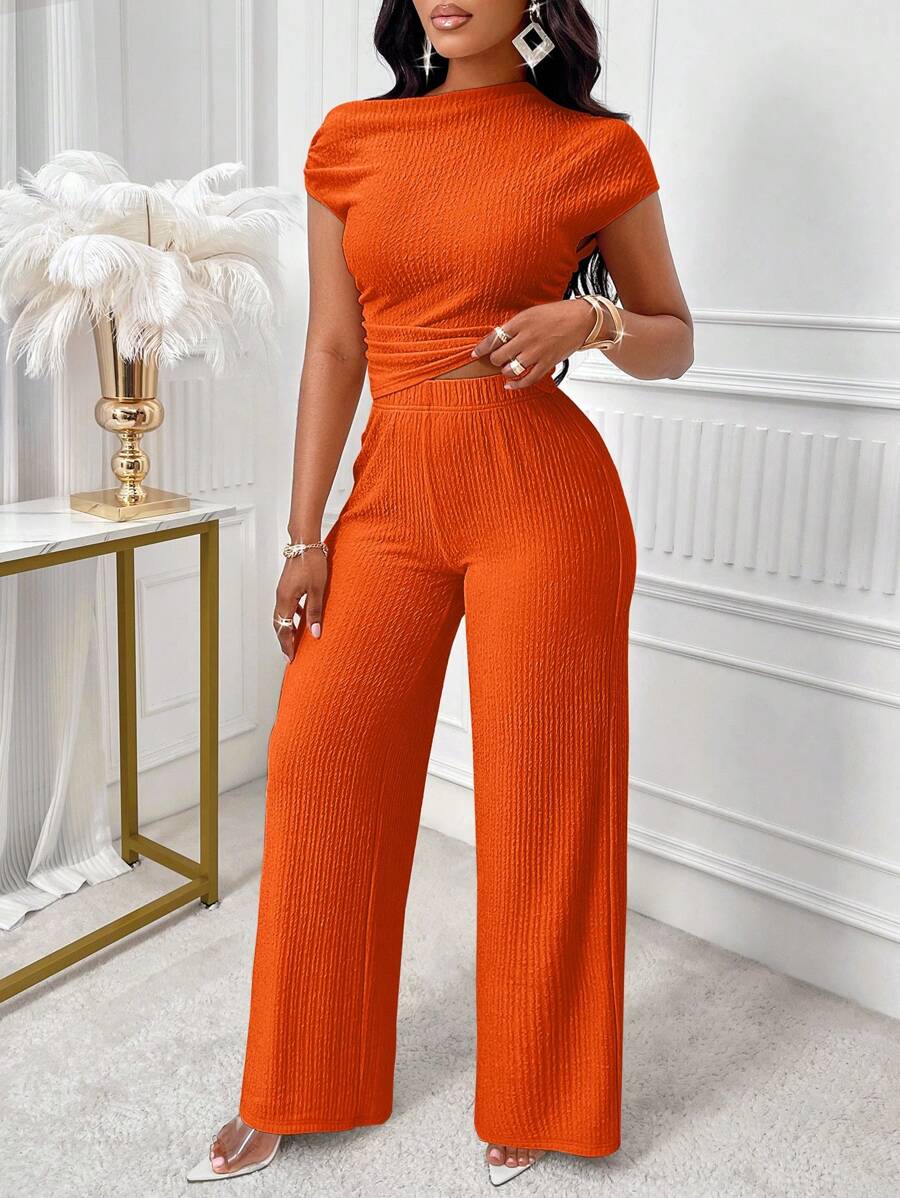 SOLERSUN Solid Color Asymmetrical Neckline Ruched Slim Fit T-Shirt & Wide Leg Pants - Orange - View 1