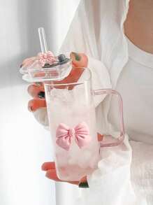 1 件奢华简约方形玻璃杯吸管，蝴蝶结手柄，耐热，13.52 盎司容量，适用于家庭、餐厅、厨房、牛奶、咖啡、果汁 - 粉色 - 查看 6