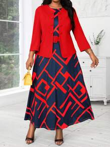 SHEIN Lady 大码拼色几何印花连衣裙和西装外套两件套，女士教师工作服，秋季