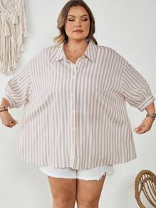 SHEIN CURVE+ 大码女式前扣条纹衬衫，春夏休闲装，休闲衬衫 - 彩色 - 查看 7