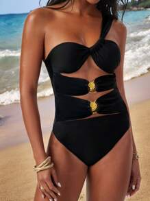 SHEIN X Sofía Suescun SHEIN Swim 1pc Hollow-Out Front Metal Decor One-Piece Swimsuit, For Summer Beach Vacation - Black - View 1