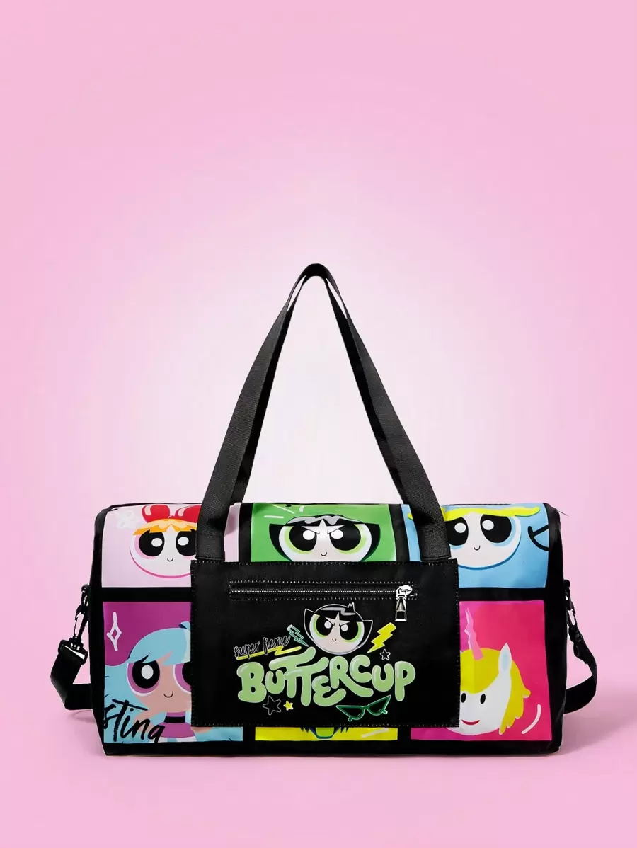 THE POWERPUFF GIRLS X SHEIN 女士时尚卡通花朵、泡泡、金凤花图案手提包 - 黑色 - 查看 1