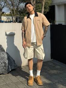 DAZY 男士休闲撞色卡其黑短袖衬衫，夏季商务装 - 卡其色 - 查看 7