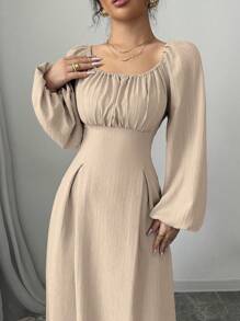 Modelyn 女士优雅长裙，方领，灯笼袖，褶皱，后系带，纯色，适合秋季长款女装