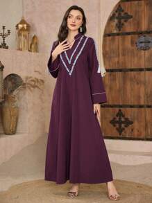 Al Najma V-Neck Embroidered Long Sleeve Arabian Dress,Modest - Purple - View 7