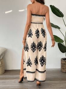 SHEIN 孕妇复古印花露肩开叉连体裤，休闲度假装 - 杏色 - 查看 2