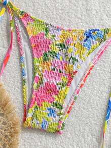 SHEIN Swim Flower Print Halter Top And Tie Side Swim Bottom 2 Pieces Bikini Set, Beach Holiday Boho Swimwear For Summer Beach Vacation - Multicolor - View 3