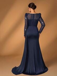 Serin 优雅奢华的海军蓝刺绣亮片蕾丝拼布缎面弹力开衩美人鱼长裙，透明长袖，适合婚礼、派对、节日、庆典、新娘送礼会 - 藏蓝色 - 查看 4