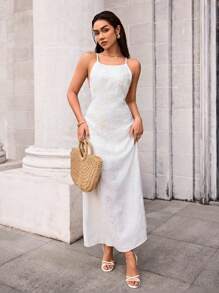 SHEIN Forever 21 Women's White Woven Fabric Maxi Dress: Sleeveless, Spaghetti Strap, Knot Detail, And Flared Hem For Effortless Summer Style - White - View 1