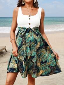 SHEIN Maternity Tropical Plant Print Sleeveless Casual Dress For Holiday Vacation Outfits Woman Beach