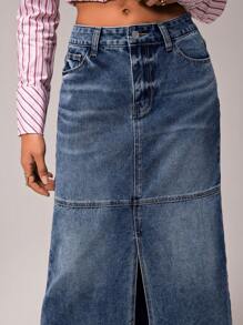 Forever 21 全新 直筒前开衩休闲复古水洗女式长款牛仔 A 字裙 - 藍色 - 查看 5