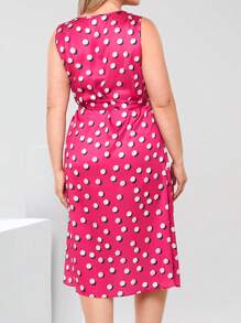 EMERY ROSE Magenta,Summer,Elegant,Wedding Guest Plus Size Sleeveless Crew Neck Polka Dot Print Dress,Women's Boho Western Holiday Outfits,Business Casual Clothes - Hot Pink - View 2