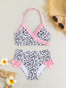 青少年女孩泳装套装，荷叶边可爱印花泳装和短裤，适合海滩度假