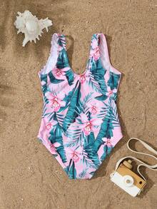 1 件女童花卉印花连体泳衣 - 粉色 - 查看 2