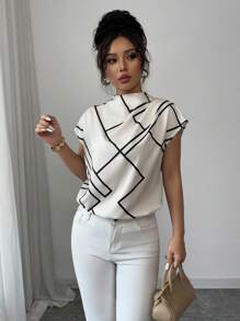 Elenzga Women's Casual Elegant Stand Collar Asymmetric Geometric Digital Print Short Sleeve Blouse, Spring/Summer