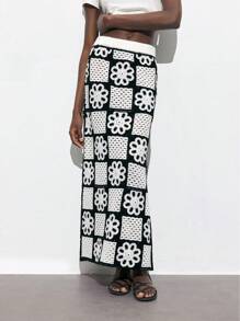 Maija Women's Floral Plaid Crochet Long Skirt, Beach Vacation Style Suitable For St. Patrick's Day, Spring Break, Easter, Music Festivals,Vacation Outfits
