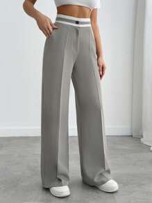 Pantalón de pierna ancha con bordado y detalles en el cinturón para mujer