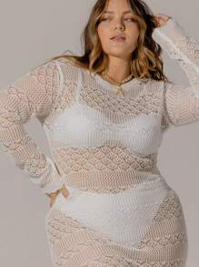 Aralina Curve Boho Festival 钩针透视长袖超长沙滩裙 - 米色 - 查看 6