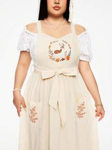 ROMWE Fairycore Women's Pastoral Style Deer Embroidered Apron, Spring/Summer - Green - View 7