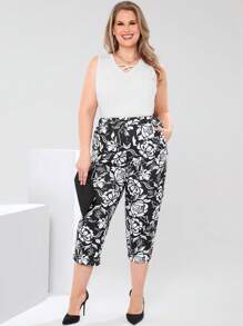 EMERY ROSE Plus Size All-Over Flower Print Casual  Elegant Pants, Summer Clothes Spring Outfits For Women Mature Elegant Woman