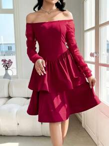 Modelyn Vestido elegante de mujer de unicolor con tejido de malla y hombros descubiertos de largo medio - Burdeos - Ver 6