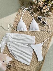 SHEIN Swim Springbreak Women's Summer Beach Solid Color Halter Tie Sexy Bikini 3 Pieces Set With Cover-Up Skirt - White - View 3